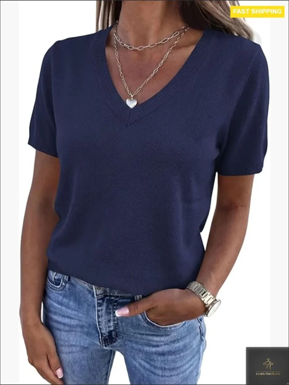 V Neck Short Sleeve Pullover Sweater Lightweight Business Casual Knit Top